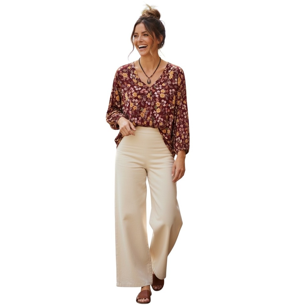 Vince Camuto Boho Burgundy Floral V-Neck Blouse Long Sleeve High-Low Top XL Hip
